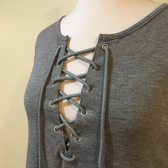 Lace Up V Neck Long Sleeve Swing Tunic Dress Grey - Picture 3 of 4